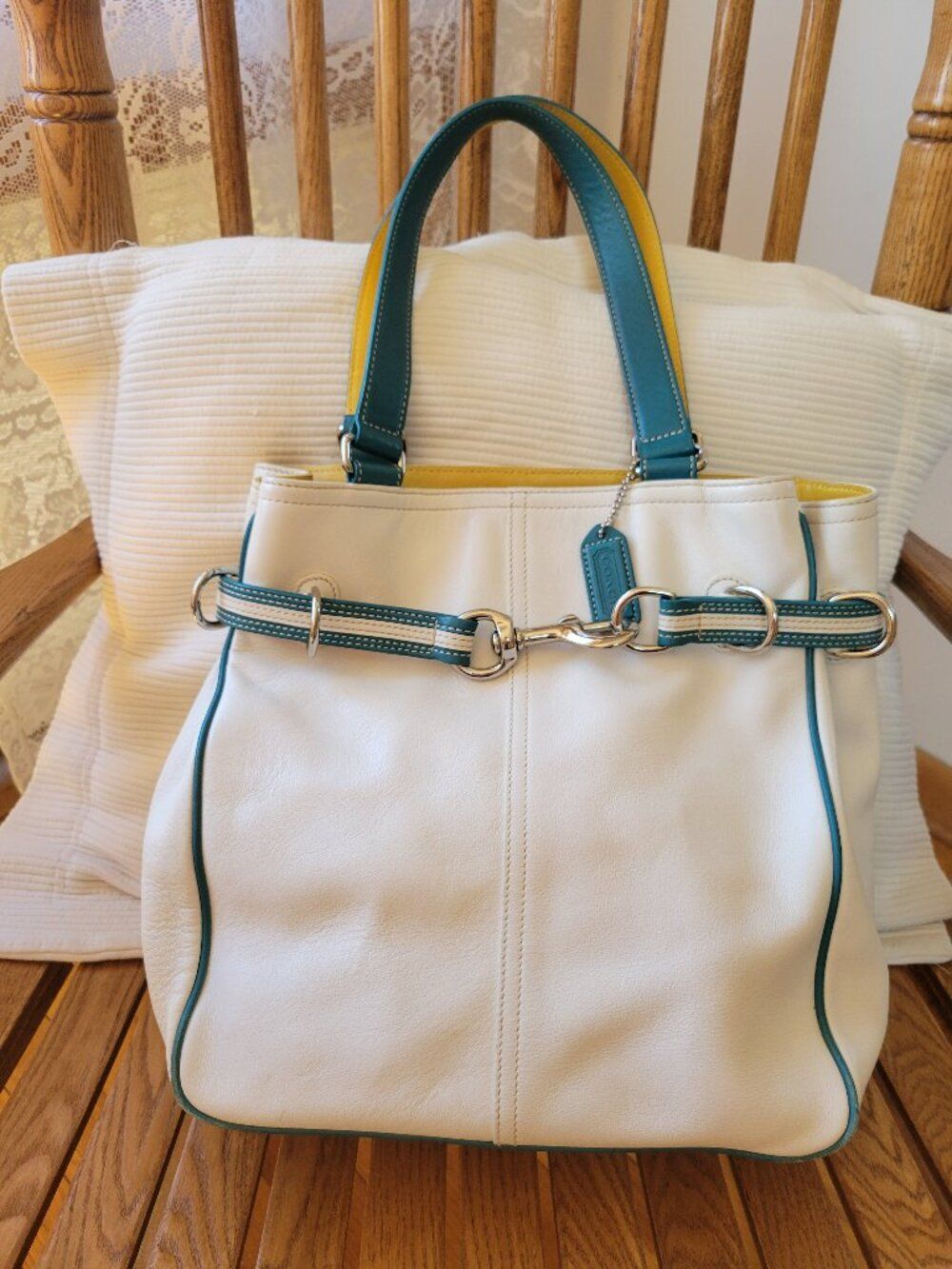 Coach Vintage Hampton Carryall Leather Tote M3S-9286 Cream Teal Yellow RARE